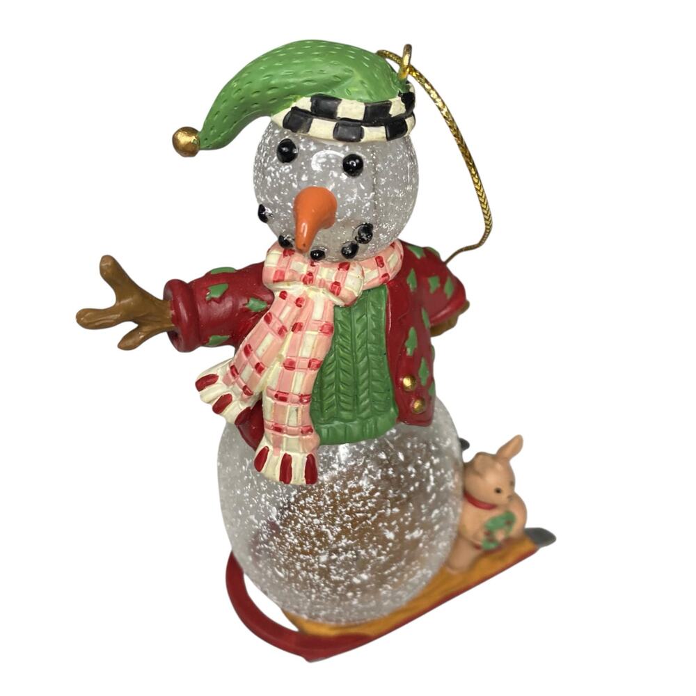 Princess House Glass Snowman Sledding 4.5” Tall Exclusive Christmas Ornament